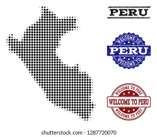 Welcome collage of halftone map of Peru and rubber watermarks. Halftone map of Peru designed with black round dots. Vector greeting watermarks with retro rubber texture in blue and red colors.