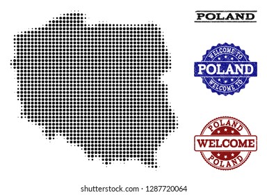 Welcome collage of halftone map of Poland and rubber seals. Halftone map of Poland constructed with black circle pixels. Vector greeting seals with unclean rubber texture in blue and red colors.