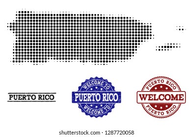 Welcome collage of halftone map of Puerto Rico and unclean watermarks. Halftone map of Puerto Rico constructed with black round items.
