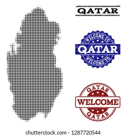 Welcome collage of halftone map of Qatar and rubber watermarks. Halftone map of Qatar constructed with black round pixels.