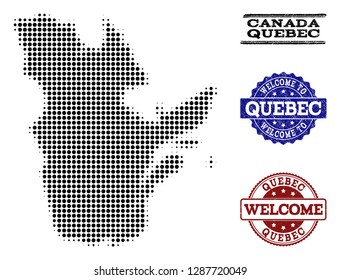 Welcome collage of halftone map of Quebec Province and grunge watermarks. Halftone map of Quebec Province designed with black circle elements.