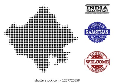 Welcome collage of halftone map of Rajasthan State and rubber watermarks. Halftone map of Rajasthan State designed with black circle points.