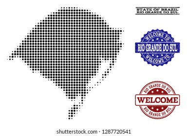 Welcome collage of halftone map of Rio Grande do Sul State and textured seals. Halftone map of Rio Grande do Sul State constructed with black round pixels.