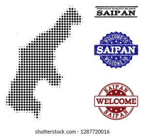 Welcome collage of halftone map of Saipan Island and rubber seals. Halftone map of Saipan Island designed with black spheric pixels.