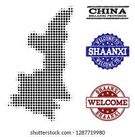 Welcome collage of halftone map of Shaanxi Province and grunge seal stamps. Halftone map of Shaanxi Province constructed with black round items.