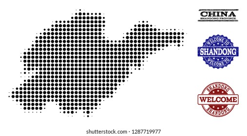 Welcome collage of halftone map of Shandong Province and dirty watermarks. Halftone map of Shandong Province designed with black circle pixels.