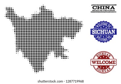 Welcome collage of halftone map of Sichuan Province and rubber seals. Halftone map of Sichuan Province constructed with black spheric elements.