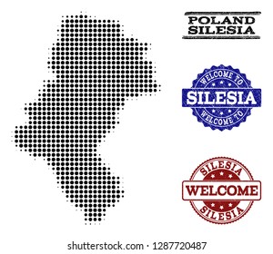 Welcome collage of halftone map of Silesia Province and rubber seals. Halftone map of Silesia Province designed with black round pixels.