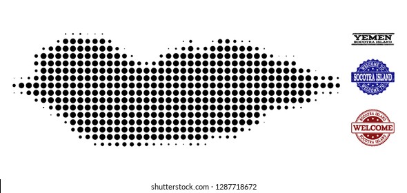 Welcome collage of halftone map of Socotra Island and textured seals. Halftone map of Socotra Island designed with black spheric elements.