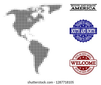 Welcome collage of halftone map of South and North America and rubber watermarks. Halftone map of South and North America designed with black spheric items.