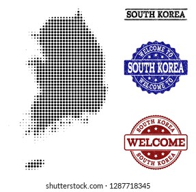 Welcome collage of halftone map of South Korea and rubber stamps. Halftone map of South Korea designed with black round elements.