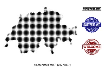 Welcome collage of halftone map of Switzerland and rubber watermarks. Halftone map of Switzerland constructed with black spheric pixels.