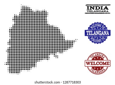 Welcome collage of halftone map of Telangana State and rubber watermarks. Halftone map of Telangana State designed with black round dots.