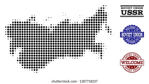 Welcome collage of halftone map of USSR and corroded stamps. Halftone map of USSR constructed with black round pixels. Vector greeting imprints with corroded rubber texture in blue and red colors.