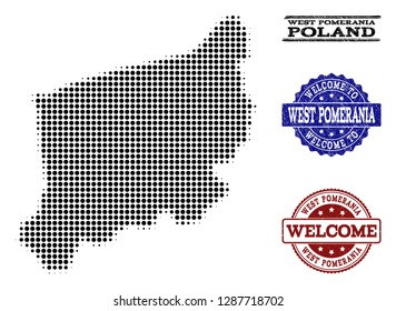 Welcome collage of halftone map of West Pomerania Province and rubber watermarks. Halftone map of West Pomerania Province constructed with black circle items.