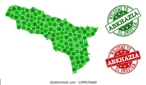 Welcome collage of map of Abkhazia and corroded seals. Vector greeting seals with unclean rubber texture in green and red colors. Welcome flat design for political illustrations.