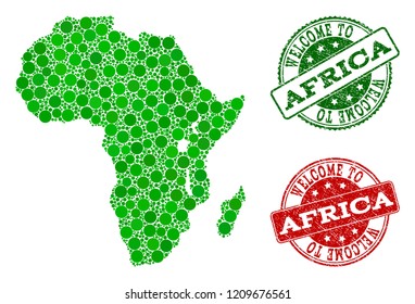 Welcome collage of map of Africa and dirty seals. Vector greeting seals with retro rubber texture in green and red colors. Greeting flat design for patriotic posters.