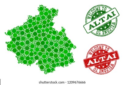 Welcome collage of map of Altai Republic and unclean seals. Vector greeting seals with corroded rubber texture in green and red colors. Welcome flat design for guest appreciation templates.