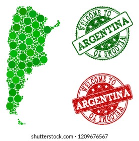 Welcome collage of map of Argentina and rubber seal stamps. Vector greeting watermarks with corroded rubber texture in green and red colors. Welcome flat design for tourist greetings templates.