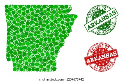 Welcome collage of map of Arkansas State and rubber seals. Vector greeting seals with distress rubber texture in green and red colors. Welcome flat design for guest appreciation purposes.