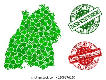 Welcome collage of map of Baden-Wurttemberg State and rubber seal stamps. Vector greeting imprints with retro rubber texture in green and red colors.