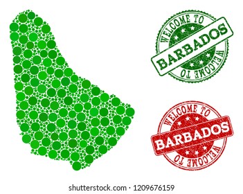 Welcome collage of map of Barbados and grunge seals. Vector greeting seals with distress rubber texture in green and red colors. Greeting flat design for patriotic purposes.