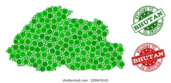 Welcome collage of map of Bhutan and corroded seals. Vector greeting seals with retro rubber texture in green and red colors. Welcome flat design for patriotic illustrations.