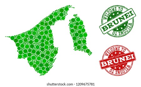 Welcome collage of map of Brunei and rubber seals. Vector greeting watermarks with corroded rubber texture in green and red colors. Greeting flat design for patriotic posters.