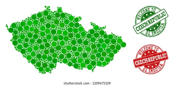 Welcome collage of map of Czech Republic and rubber stamps. Vector greeting seals with scratched rubber texture in green and red colors. Welcome flat design for political purposes.