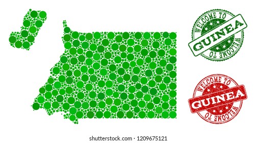 Welcome collage of map of Equatorial Guinea and corroded seals. Vector greeting watermarks with corroded rubber texture in green and red colors. Greeting flat design for political posters.