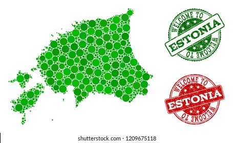 Welcome collage of map of Estonia and corroded seals. Vector greeting imprints with corroded rubber texture in green and red colors. Greeting flat design for tourist greetings illustrations.