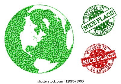 Welcome collage of map of global world and rubber stamps. Vector greeting watermarks with corroded rubber texture in green and red colors. Greeting flat design for tourist greetings illustrations.