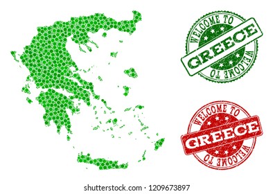 Welcome collage of map of Greece and corroded seals. Vector greeting seals with corroded rubber texture in green and red colors. Welcome flat design for guest appreciation posters.