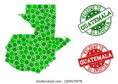 Welcome collage of map of Guatemala and rubber seals. Vector greeting seals with distress rubber texture in green and red colors. Greeting flat design for tourist greetings posters.