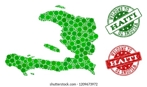 Welcome collage of map of Haiti and rubber seal stamps. Vector greeting imprints with corroded rubber texture in green and red colors. Welcome flat design for tourist greetings illustrations.