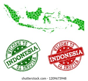 Welcome collage of map of Indonesia and rubber seal stamps. Vector greeting seals with unclean rubber texture in green and red colors. Greeting flat design for political purposes.
