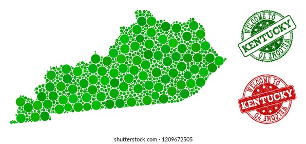 Welcome collage of map of Kentucky State and unclean seals. Vector greeting seals with distress rubber texture in green and red colors. Greeting flat design for tourist greetings templates.