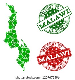 Welcome collage of map of Malawi and scratched seals. Vector greeting watermarks with scratched rubber texture in green and red colors. Greeting flat design for guest appreciation templates.