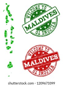 Welcome collage of map of Maldives and rubber stamps. Vector greeting seals with scratched rubber texture in green and red colors. Greeting flat design for patriotic posters.