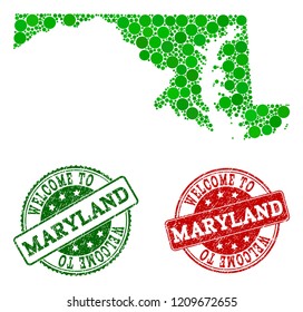 Welcome collage of map of Maryland State and unclean seals. Vector greeting seals with grunge rubber texture in green and red colors. Welcome flat design for guest appreciation illustrations.