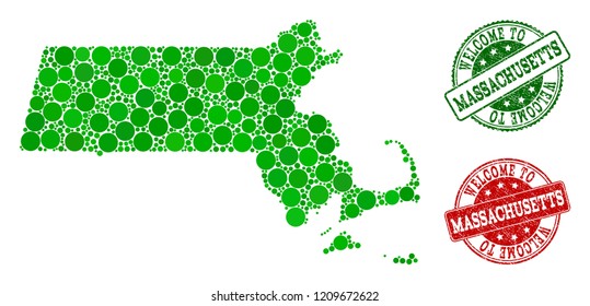 Welcome collage of map of Massachusetts State and grunge seal stamps. Vector greeting watermarks with grunge rubber texture in green and red colors. Welcome flat design for patriotic illustrations.