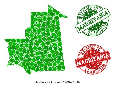 Welcome collage of map of Mauritania and corroded seals. Vector greeting imprints with corroded rubber texture in green and red colors. Greeting flat design for political templates.