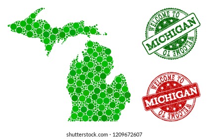 Welcome collage of map of Michigan State and rubber stamps. Vector greeting watermarks with retro rubber texture in green and red colors. Greeting flat design for political purposes.