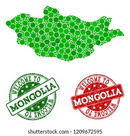 Welcome collage of map of Mongolia and textured seals. Vector greeting seals with grunge rubber texture in green and red colors. Welcome flat design for guest appreciation illustrations.