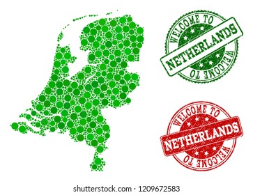 Welcome collage of map of Netherlands and textured seals. Vector greeting seals with scratched rubber texture in green and red colors. Welcome flat design for guest appreciation illustrations.