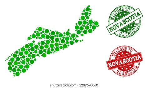Welcome collage of map of Nova Scotia Province and dirty seals. Vector greeting seals with scratched rubber texture in green and red colors. Greeting flat design for tourist greetings purposes.