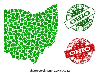 Welcome collage of map of Ohio State and grunge seals. Vector greeting imprints with grunge rubber texture in green and red colors. Greeting flat design for guest appreciation templates.