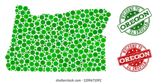 Welcome collage of map of Oregon State and corroded seals. Vector greeting imprints with corroded rubber texture in green and red colors. Greeting flat design for tourist greetings purposes.