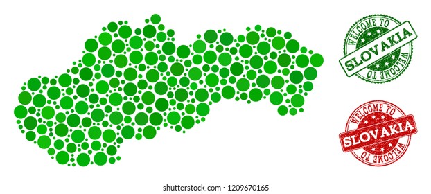 Welcome collage of map of Slovakia and unclean seal stamps. Vector greeting seals with unclean rubber texture in green and red colors. Welcome flat design for political posters.