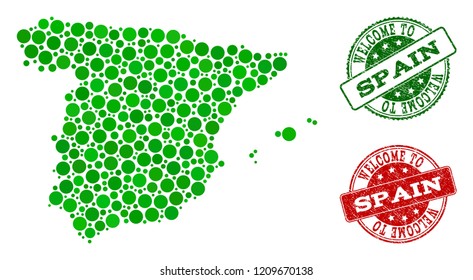 Welcome collage of map of Spain and rubber seal stamps. Vector greeting seals with corroded rubber texture in green and red colors. Greeting flat design for guest appreciation purposes.